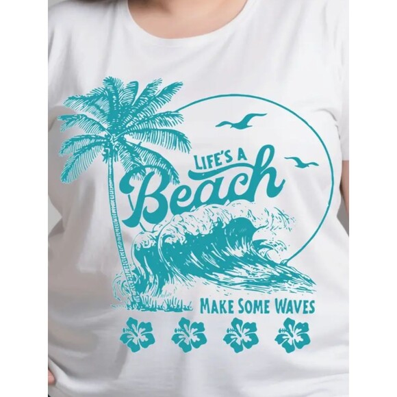 Life's a Beach T-shirt Women's Large White & Teal Summer Vacation Tee - Picture 2 of 4